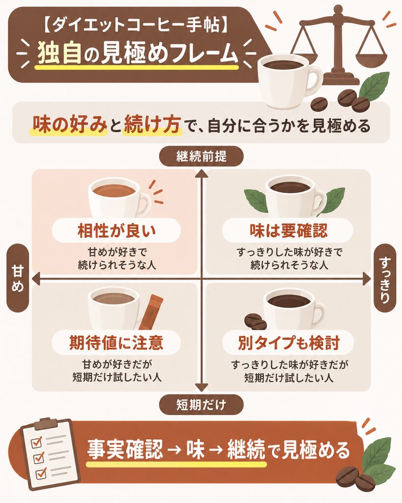 味と続け方で見極める独自フレームの図
