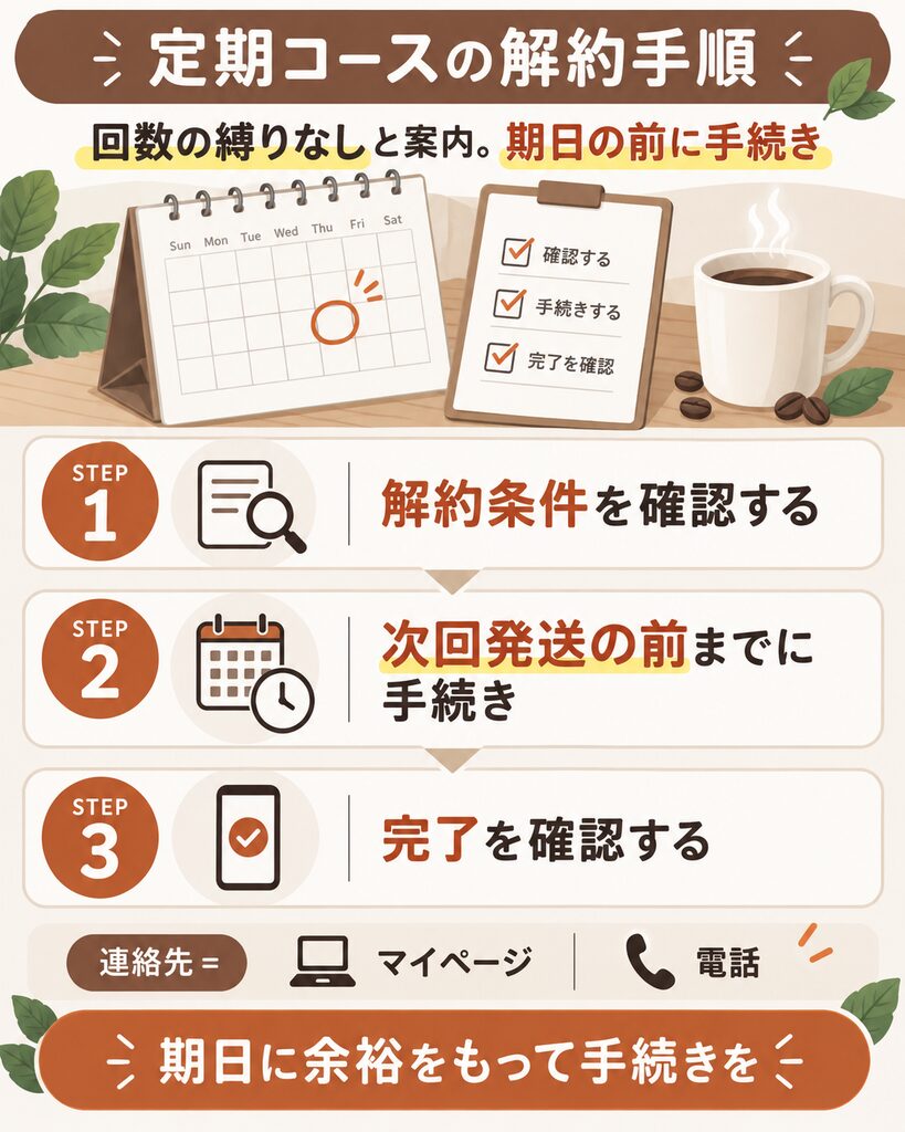 定期コースの解約手順を3ステップで示した図